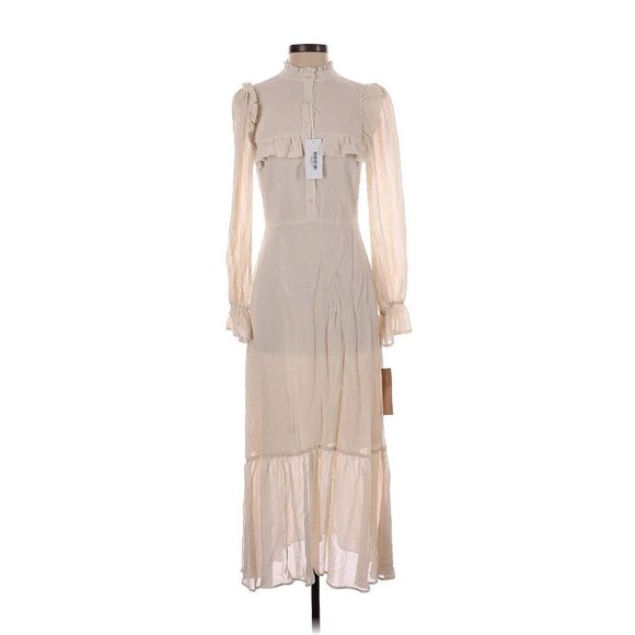 NWT Reformation Hallie in Cream Long Sleeve Ruffle Trim Midi Dress 4 $278 - Picture 2 of 6